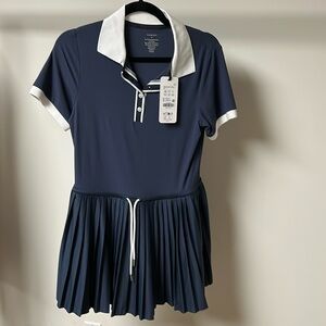 Varley Paloma Court Navy and White Pleated Dress